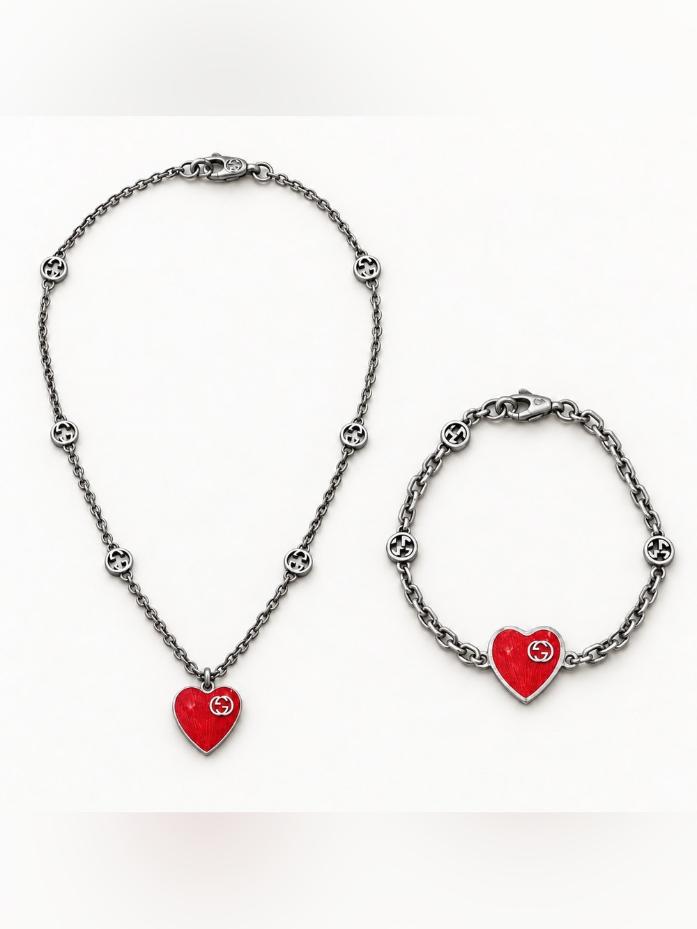 Gucci Silver-Tone Necklace and Bracelet Set with Red Heart Charms